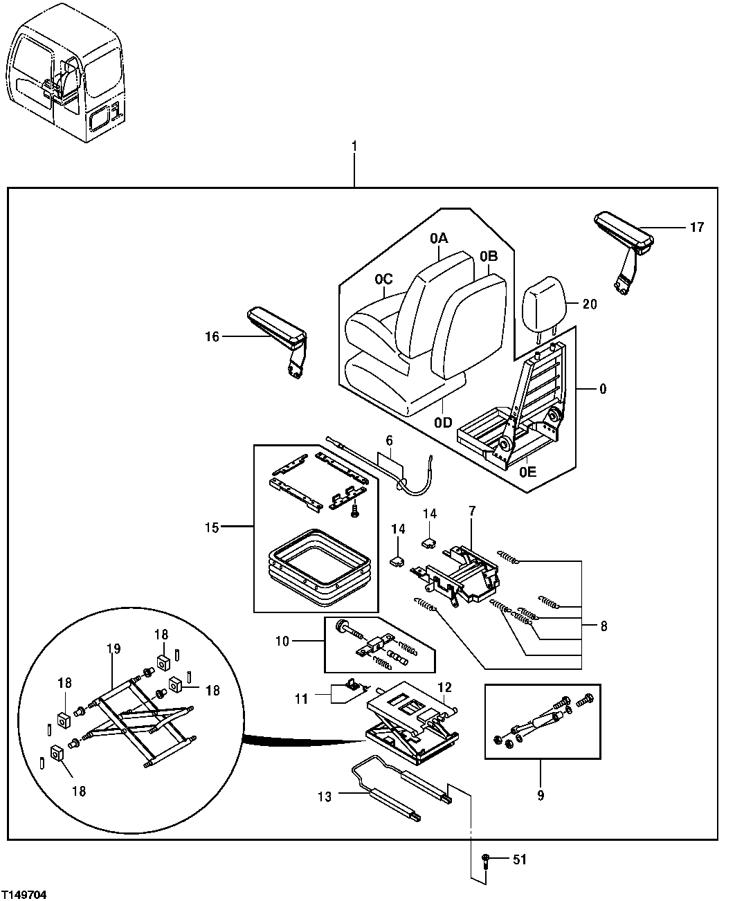 Схема запчастей John Deere 00LC - 196 - SEAT AND SEAT SUSPENSION (REPLACEMENT SEAT) 1821 SEAT AND SEAT BELT