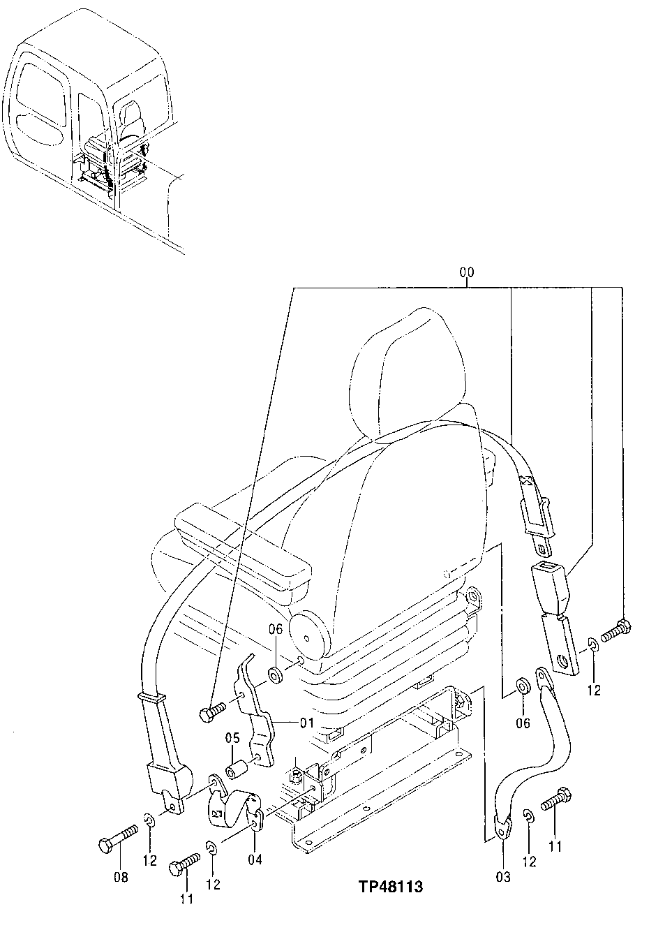 Схема запчастей John Deere 00LC - 198 - SEAT BELT (ORIGINAL SEAT) 1821 SEAT AND SEAT BELT