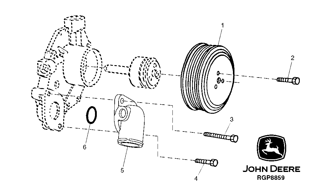 Схема запчастей John Deere 20 - 53 - WATER PUMP PULLEY AND INLET 0400A Engine 4045HP051-RE508144 4045HP051