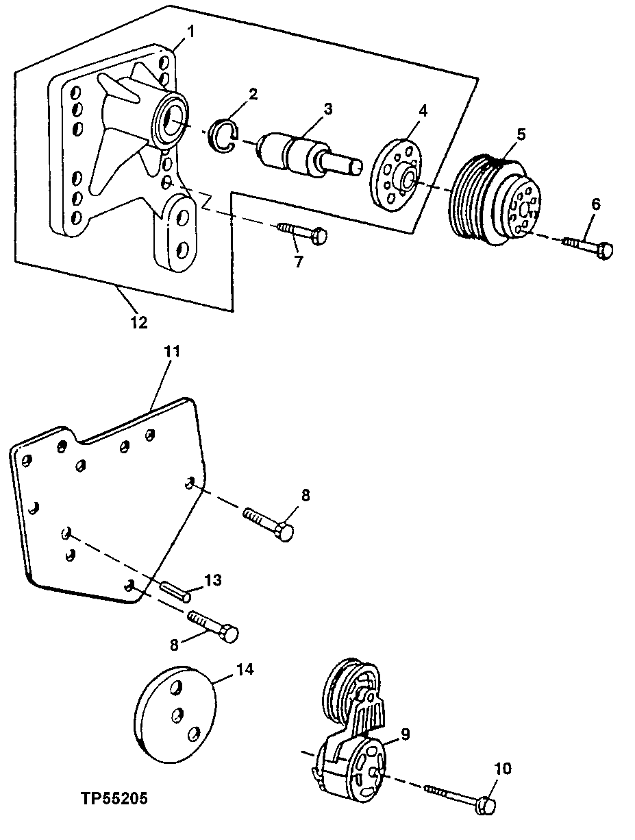 Схема запчастей John Deere 20 - 117 - FAN DRIVE SUPPORTS, BELT TENSIONER, PULLEY (ESN -804732) ( - 804732) 0400B Engine T04045TT052 ( - 804732) T04045TT052