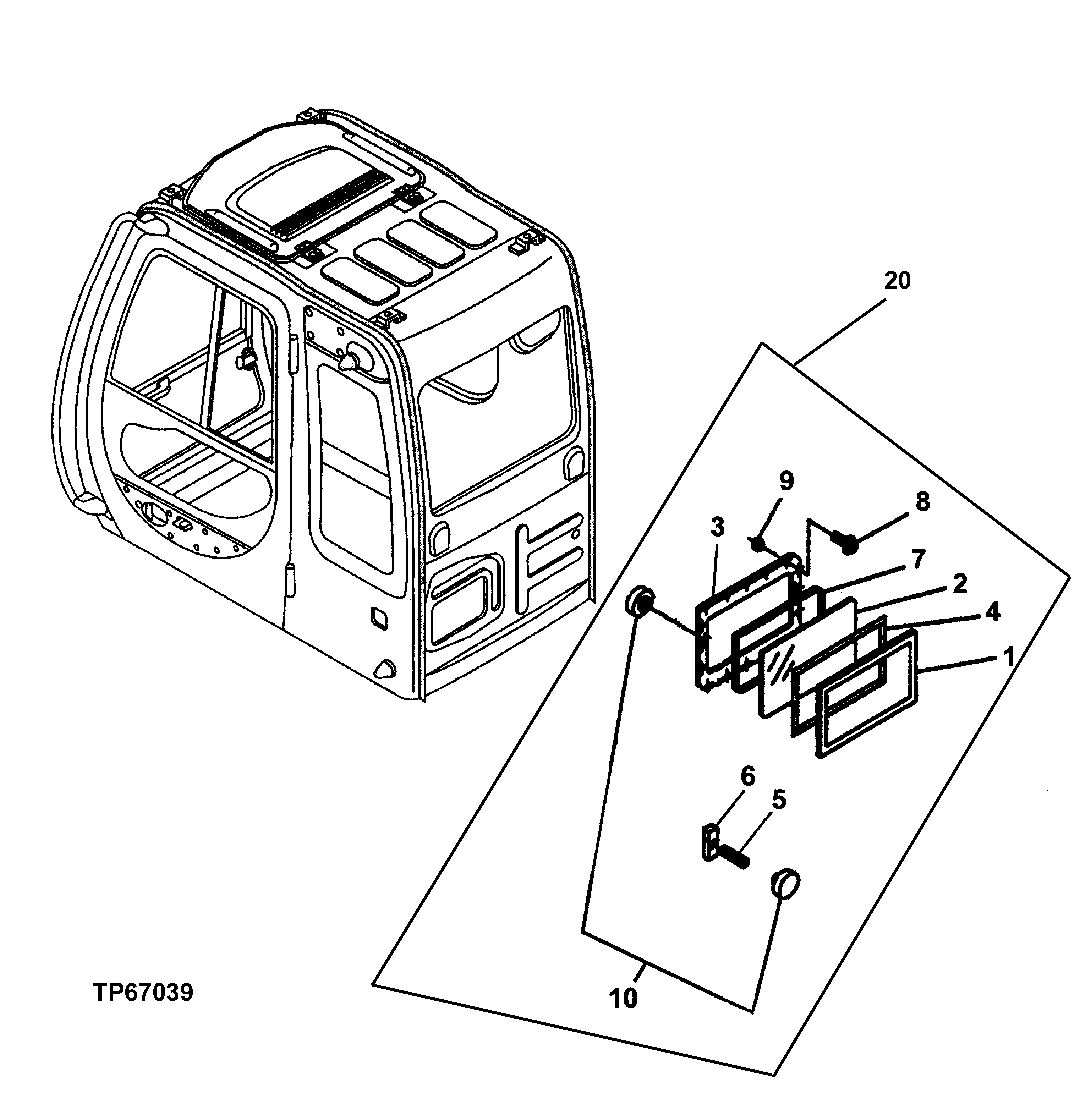 Схема запчастей John Deere 20 - 238 - SECONDARY EXIT WINDOW KIT 1810 Operator Enclosure