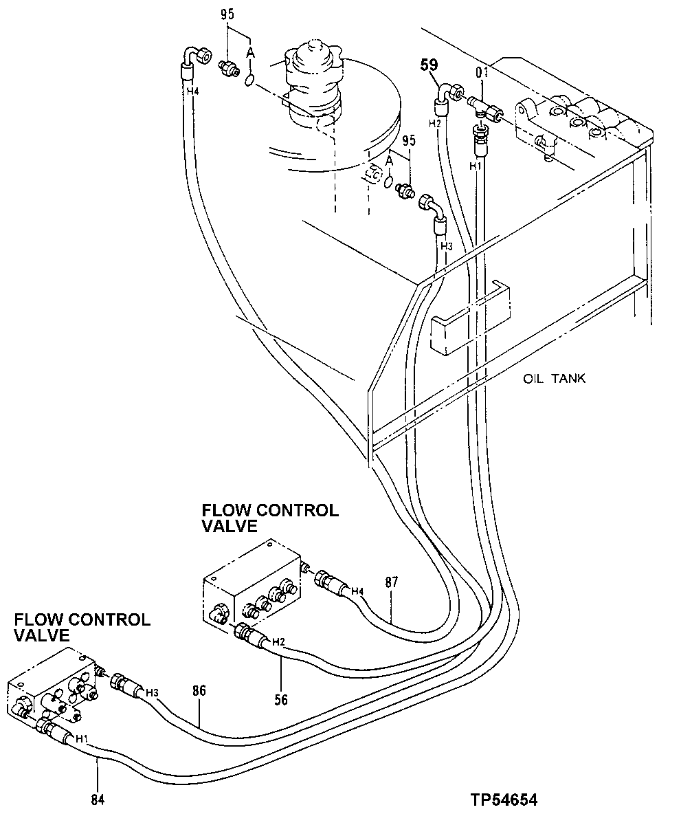 Схема запчастей John Deere 50LC - 283 - FLOW CONTROL VALVE PILOT PIPINGS 3363 Lines, hoses and fittings