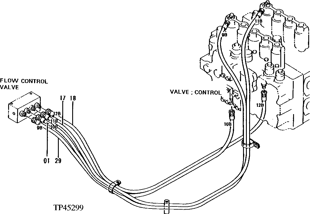 Схема запчастей John Deere 50LC - 288 - FLOW CONTROL VALVE PILOT PIPINGS 3363 Lines, hoses and fittings