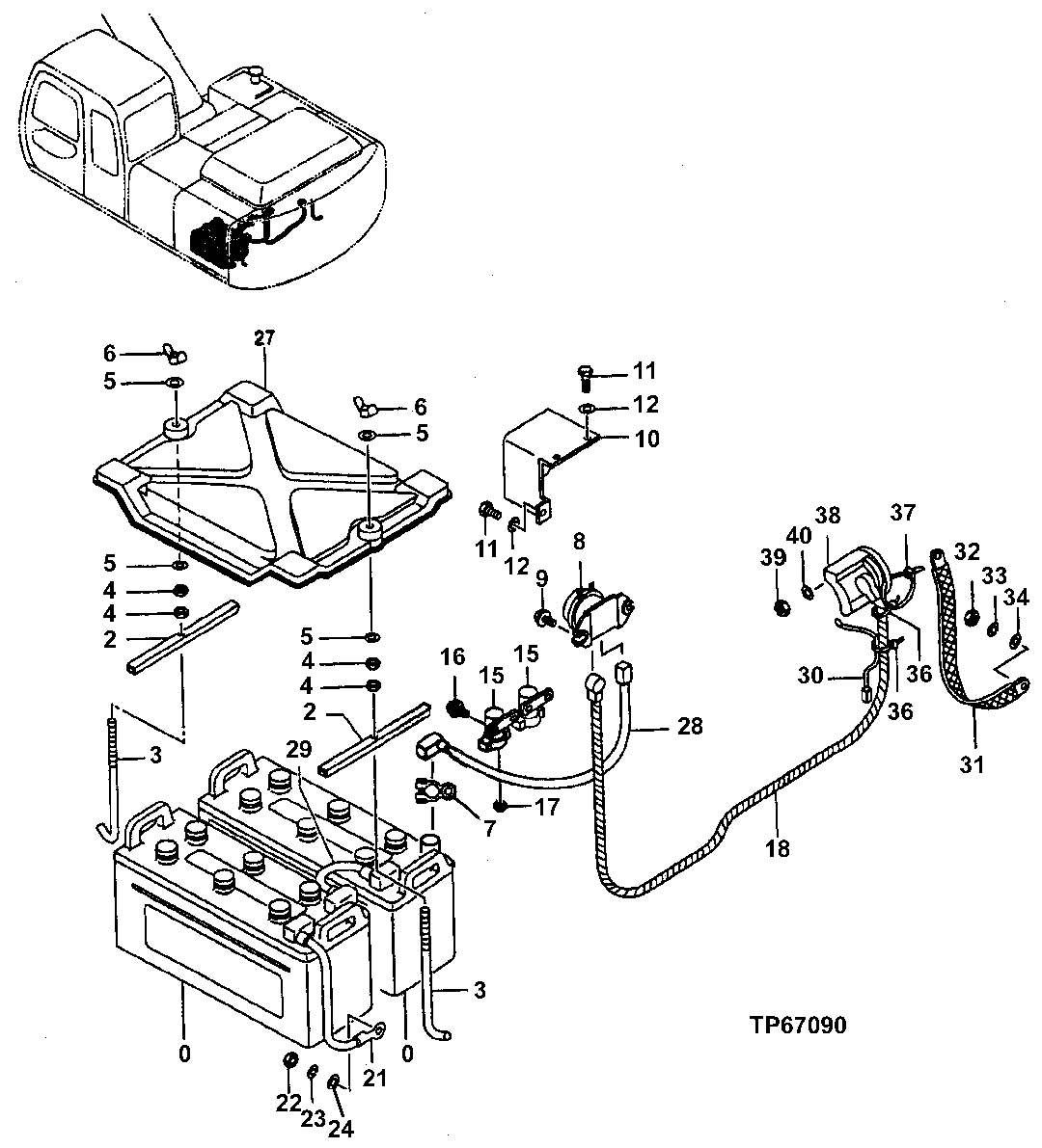 Схема запчастей John Deere 30LC - 142 - Battery - Cables and Mounting ( - 600000) 1674 Wiring Harness And Switches