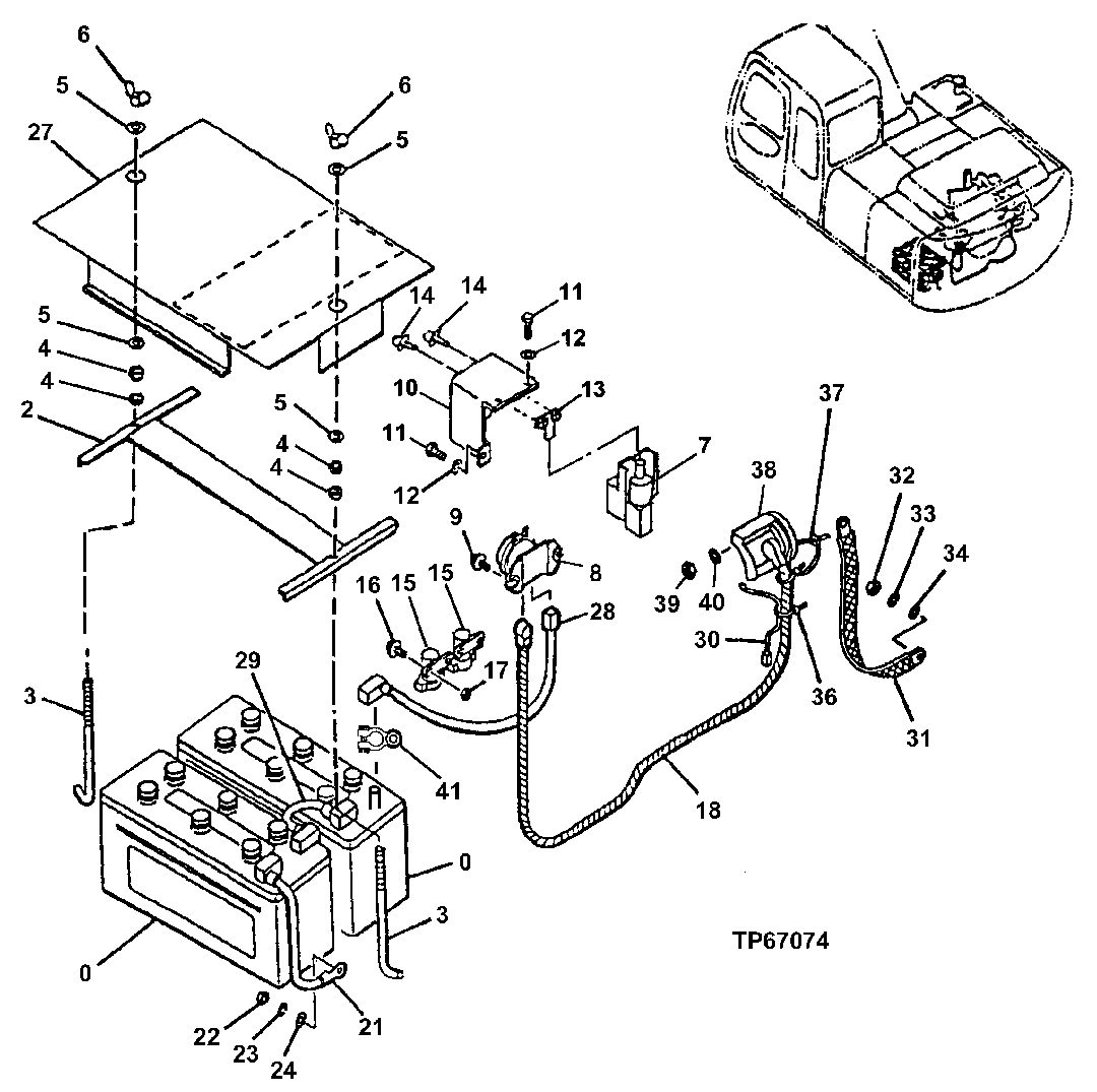 Схема запчастей John Deere 30LC - 143 - Battery - Cables and Mounting (600001 - ) 1674 Wiring Harness And Switches