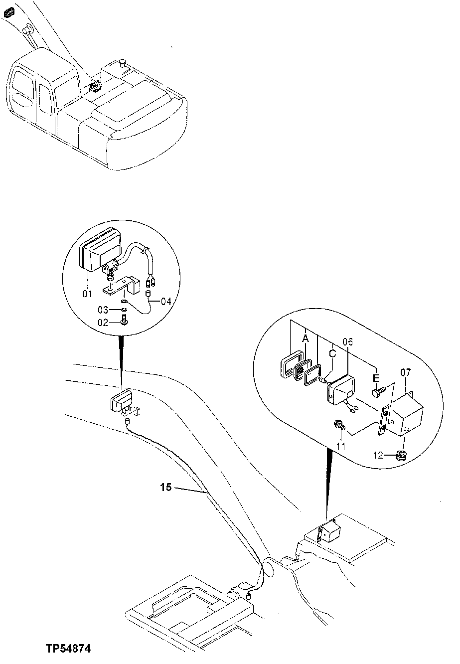 Схема запчастей John Deere 30LC - 145 - Work Lights 1674 Wiring Harness And Switches