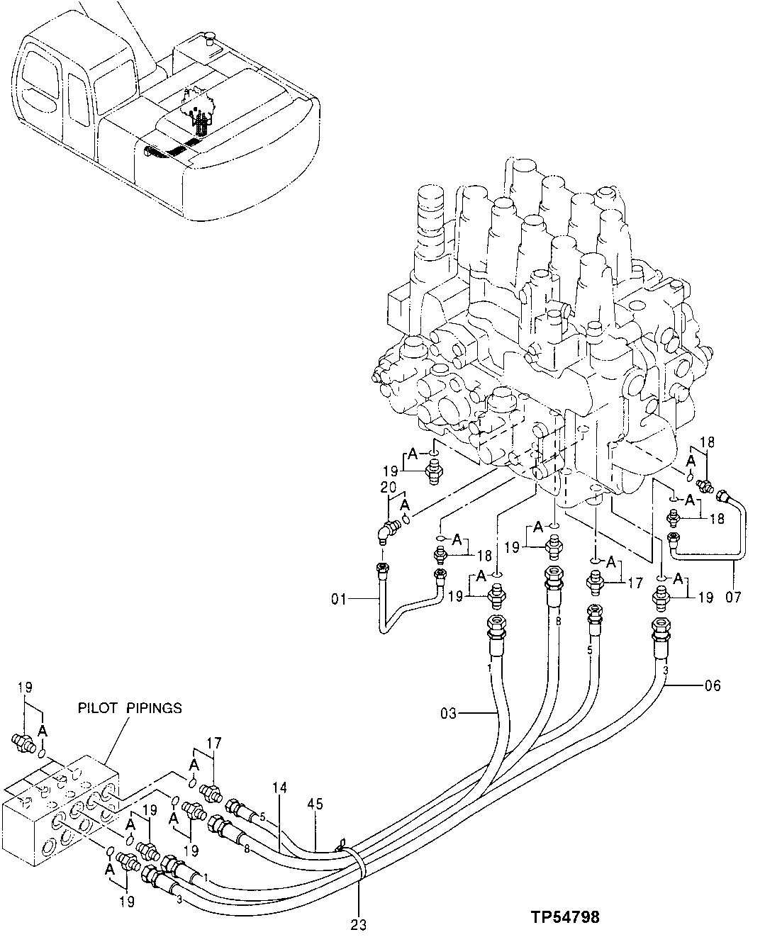 Схема запчастей John Deere 30LC - 305 - Pilot Lines (Control Valve Bottom To Pilot Signal Manifold) 3360 Hydraulic System