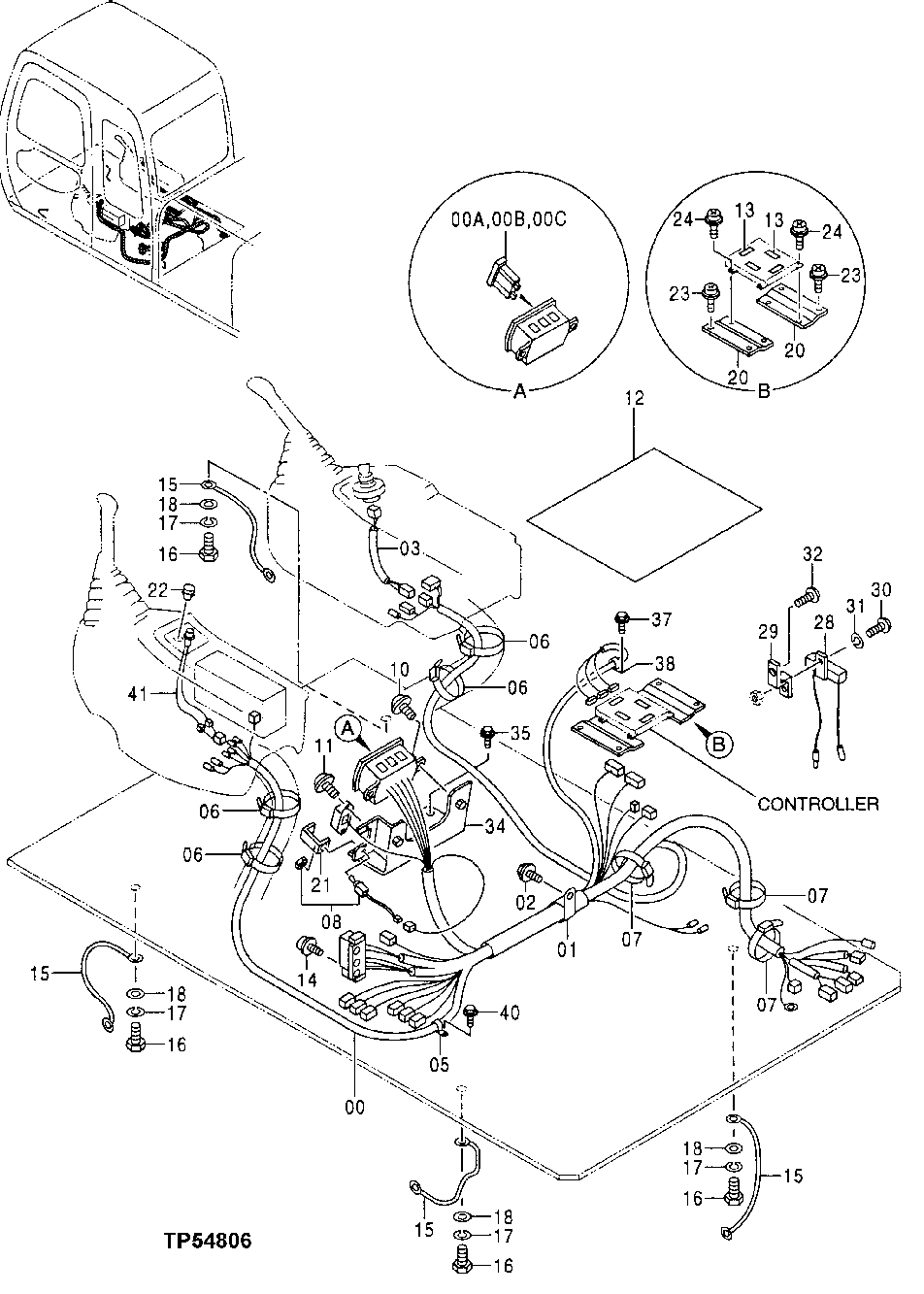 Схема запчастей John Deere 70LC - 94 - ELECTRIC PARTS 1674 Wiring Harness And Switches