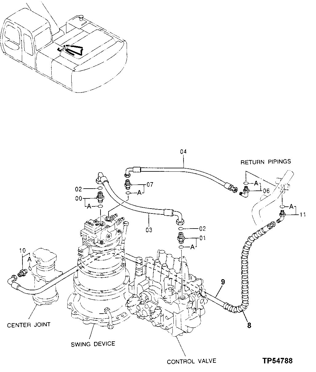 Схема запчастей John Deere 70LC - 232 - DRAIN PIPINGS 3360 HYDRAULIC SYSTEM