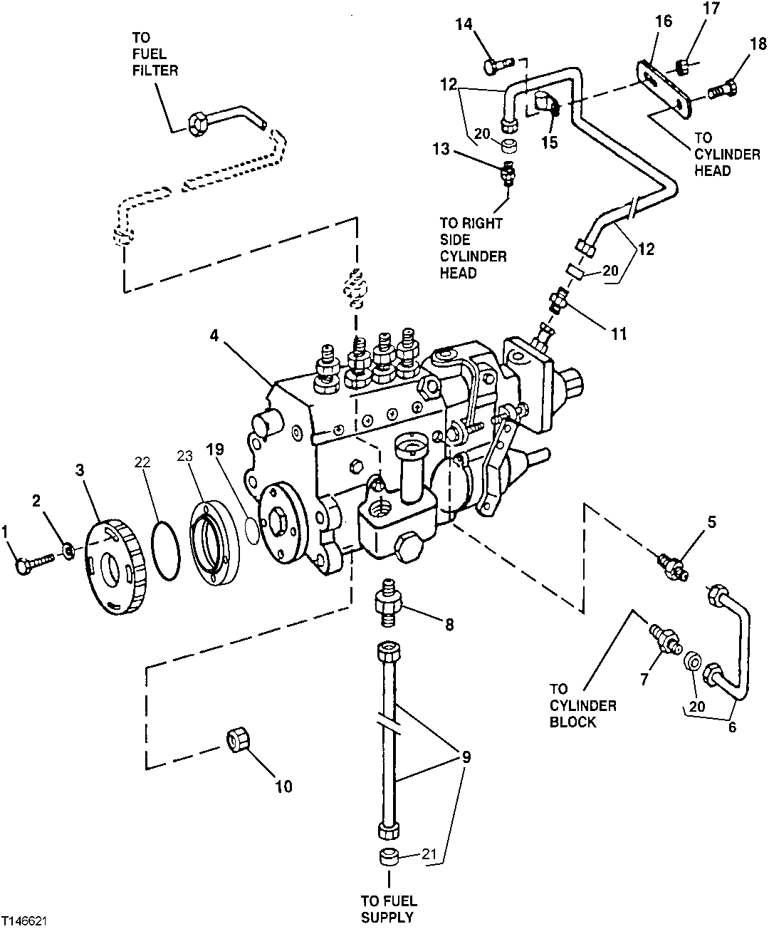 Схема запчастей John Deere 60LC - 49 - FUEL INJECTION PUMP AND INJECTION PUMP LUBE LINE 0413A Fuel Injection System 4045TP053 4045TP053