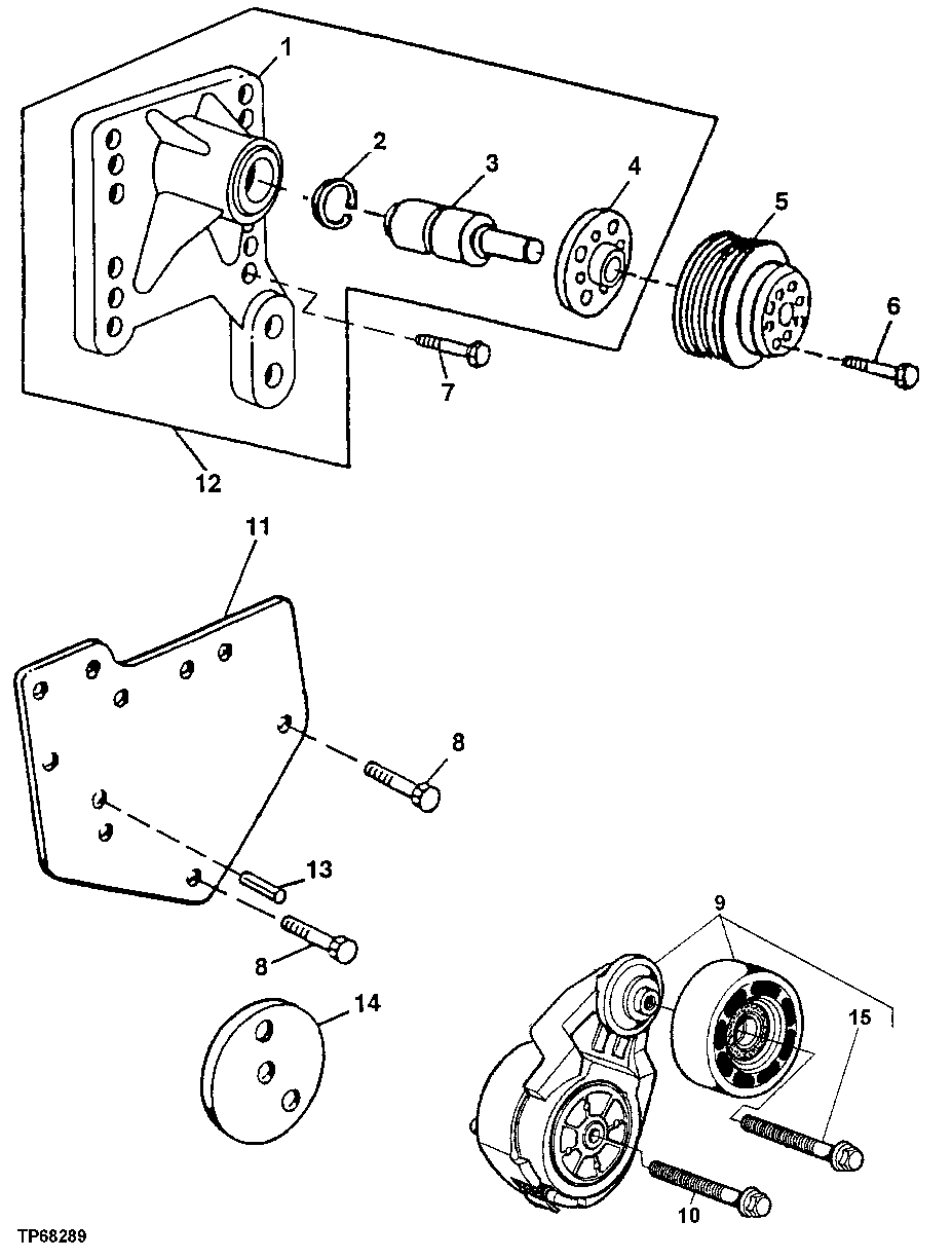 Схема запчастей John Deere 60LC - 68 - FAN DRIVE SUPPORT,PULLEY AND FAN BELT TENSIONERS 0429A Fan Drive (Damper, Idler, Pulleys, & Belt) 4045TP053 4045TP053