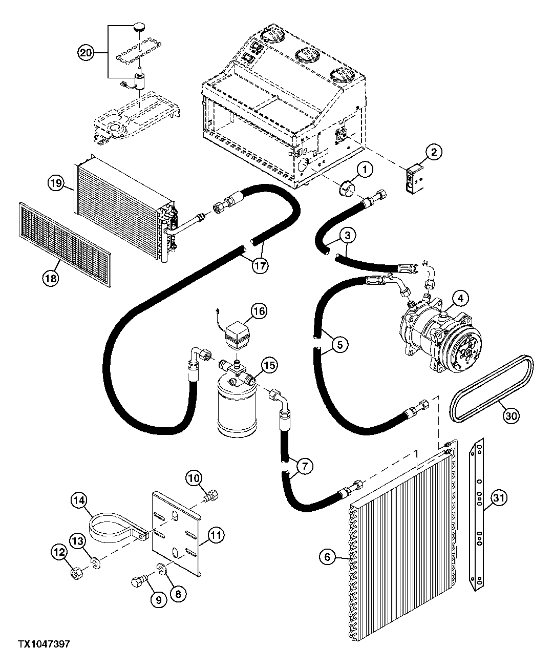 Схема запчастей John Deere 60LC - 203 - Air Conditioning 1832 Condenser, Evaporator & Lines