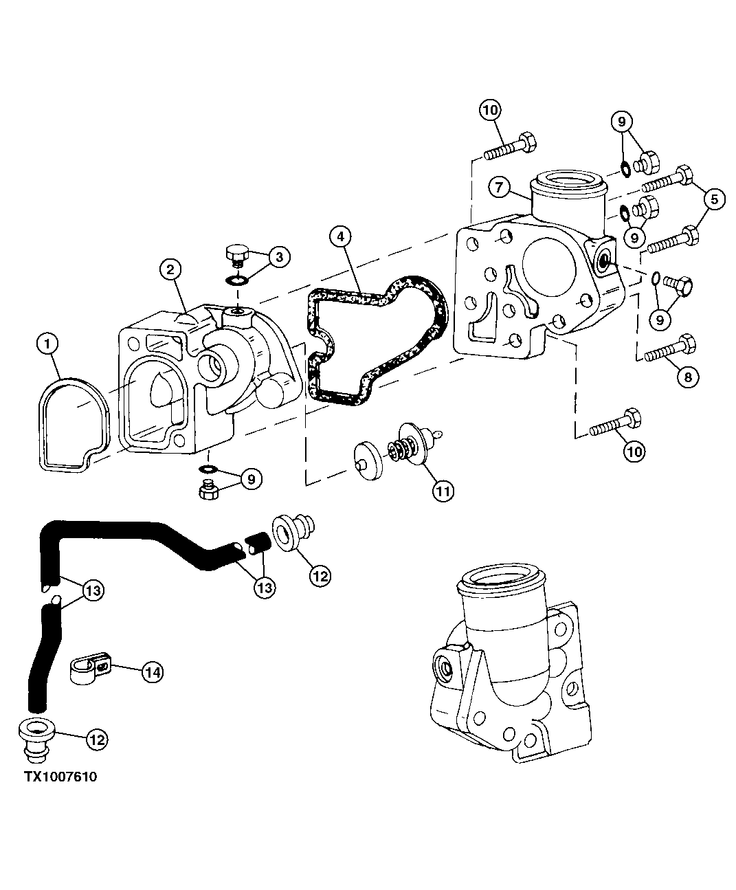 Схема запчастей John Deere 10 - 53 - Thermostat Housing, Thermostat and Cover (026650 - ) 0418A Thermostats, Housing And Water Piping 4045TP052 4045TP052