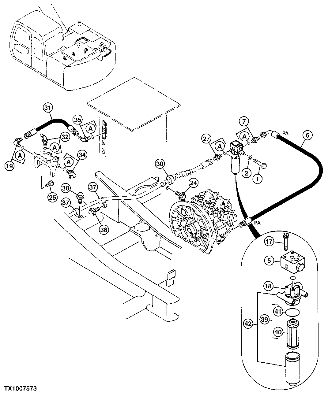 Схема запчастей John Deere 10 - 276 - Pilot Hoses and Filter At Pump 3360 Hydraulic System