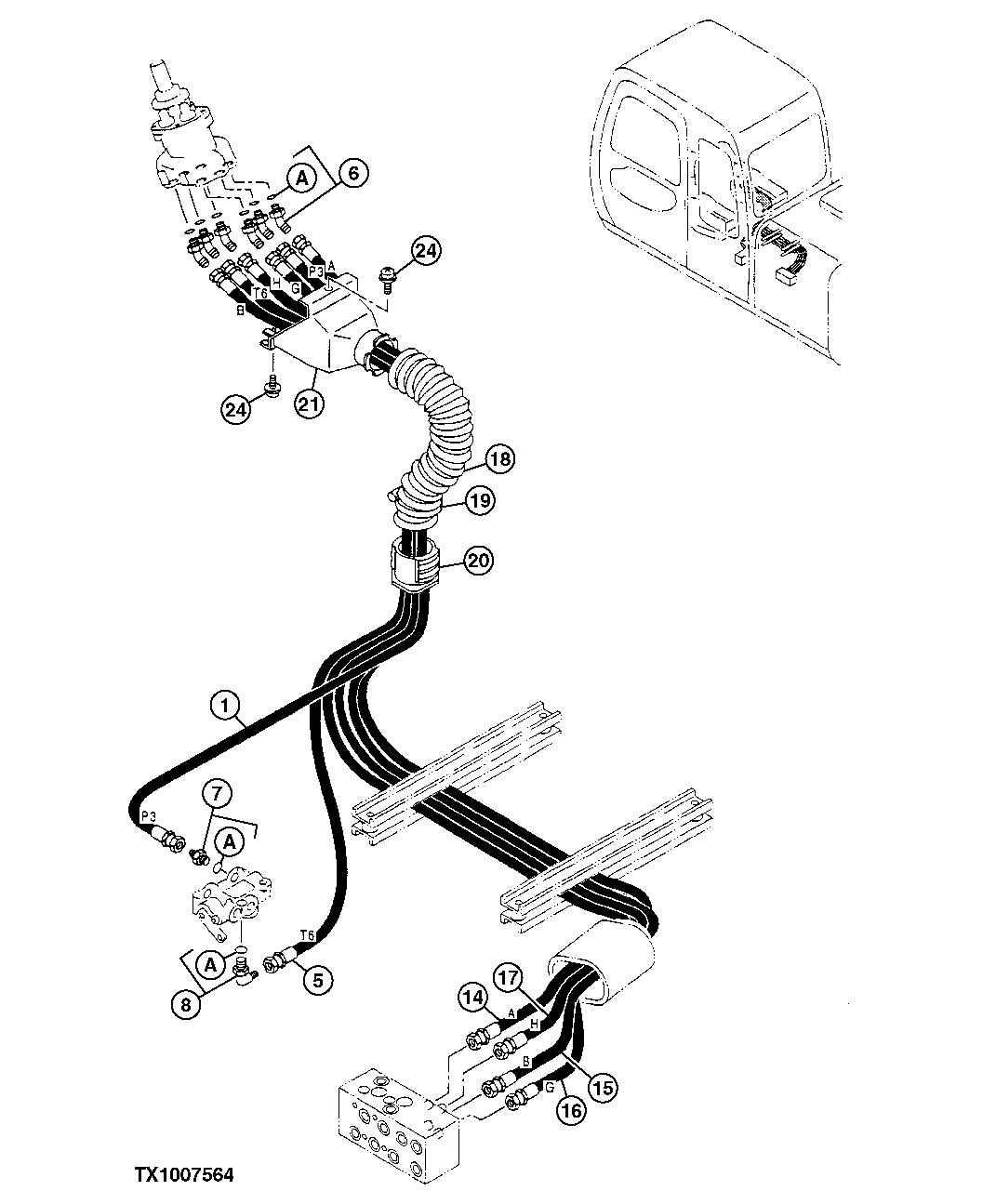 Схема запчастей John Deere 10 - 285 - PILOT HOSES (LEFT JOYSTICK) 3360 Hydraulic System