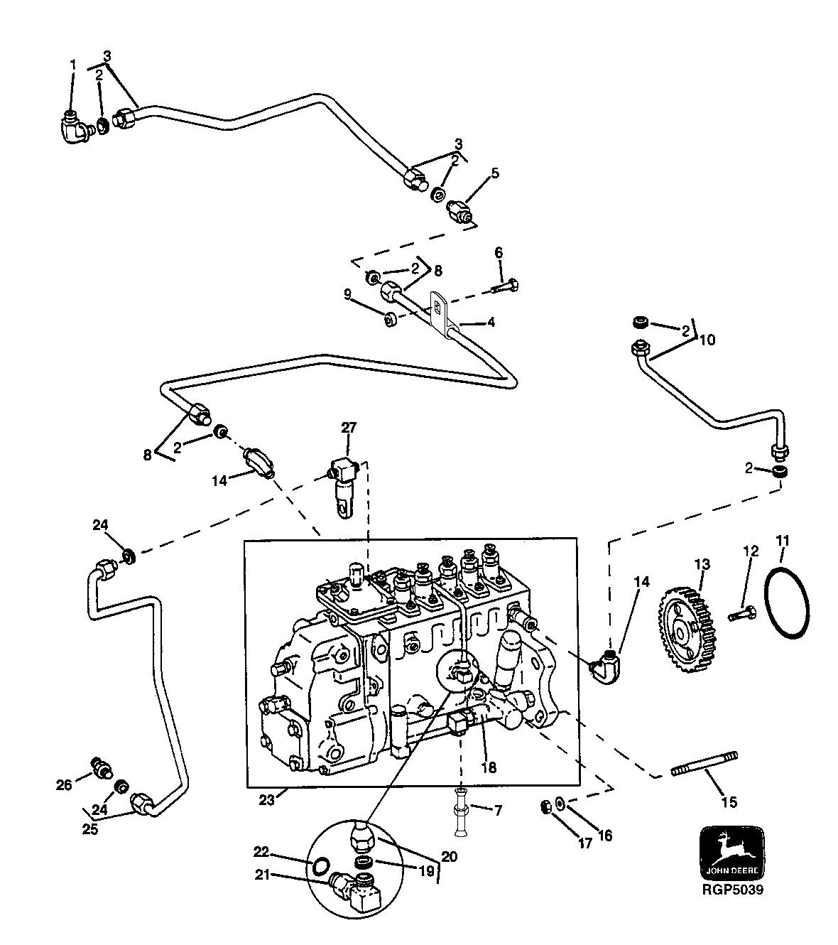 Схема запчастей John Deere 30LC/370 - 57 - FUEL INJECTION PUMP, FUEL CONTROL LINES AND LUBE LINES 0400 Engine 6081HT001-RG26768 6081HT001