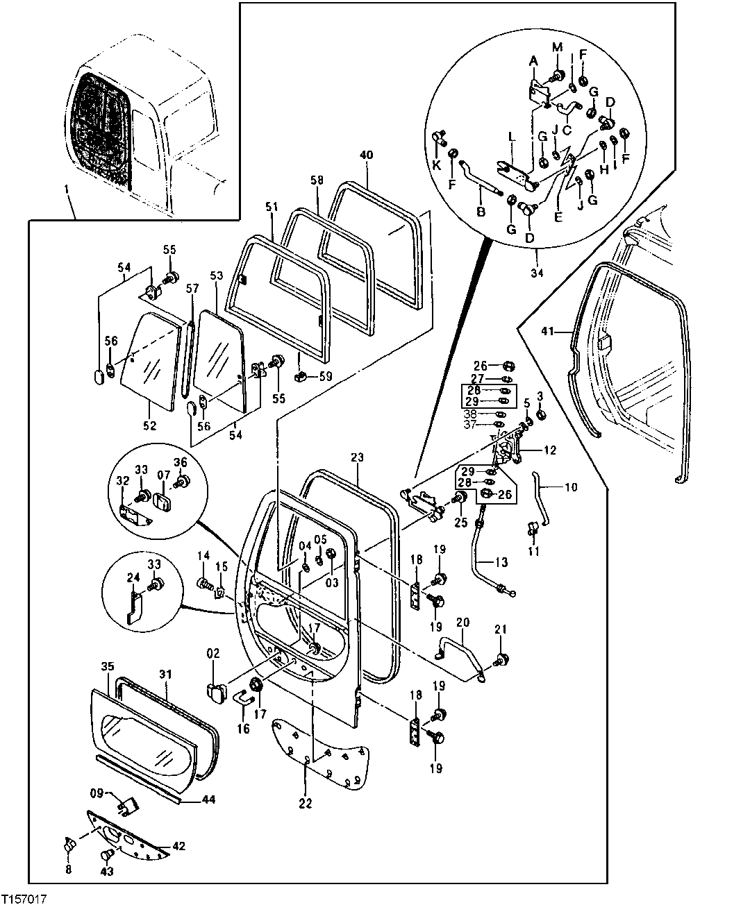 Схема запчастей John Deere 30LC/370 - 138 - Cab Components (Door Assembly) 1810 Operator Enclosure