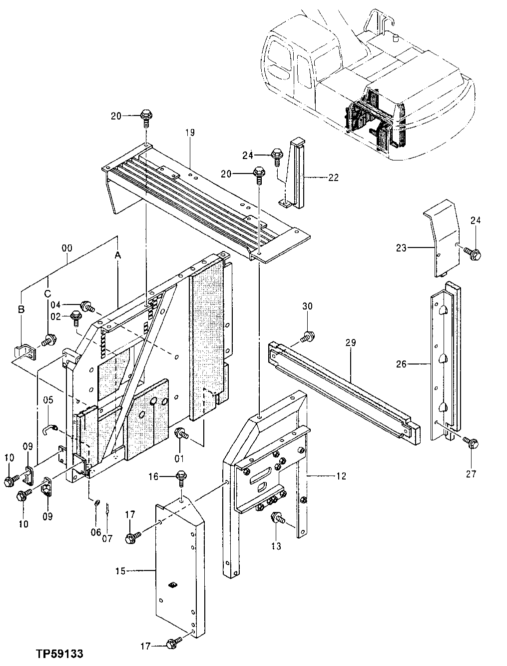 Схема запчастей John Deere 30LC/370 - 189 - Cooling Package Side Brace and Top Cover 1910 Hood Or Engine Enclosure