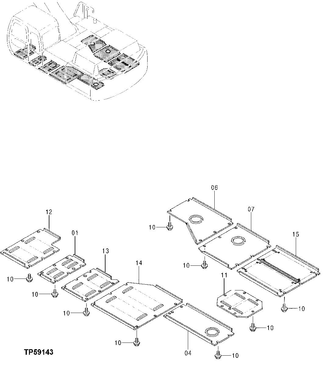 Схема запчастей John Deere 30LC/370 - 198 - Under Cover 1910 Hood Or Engine Enclosure