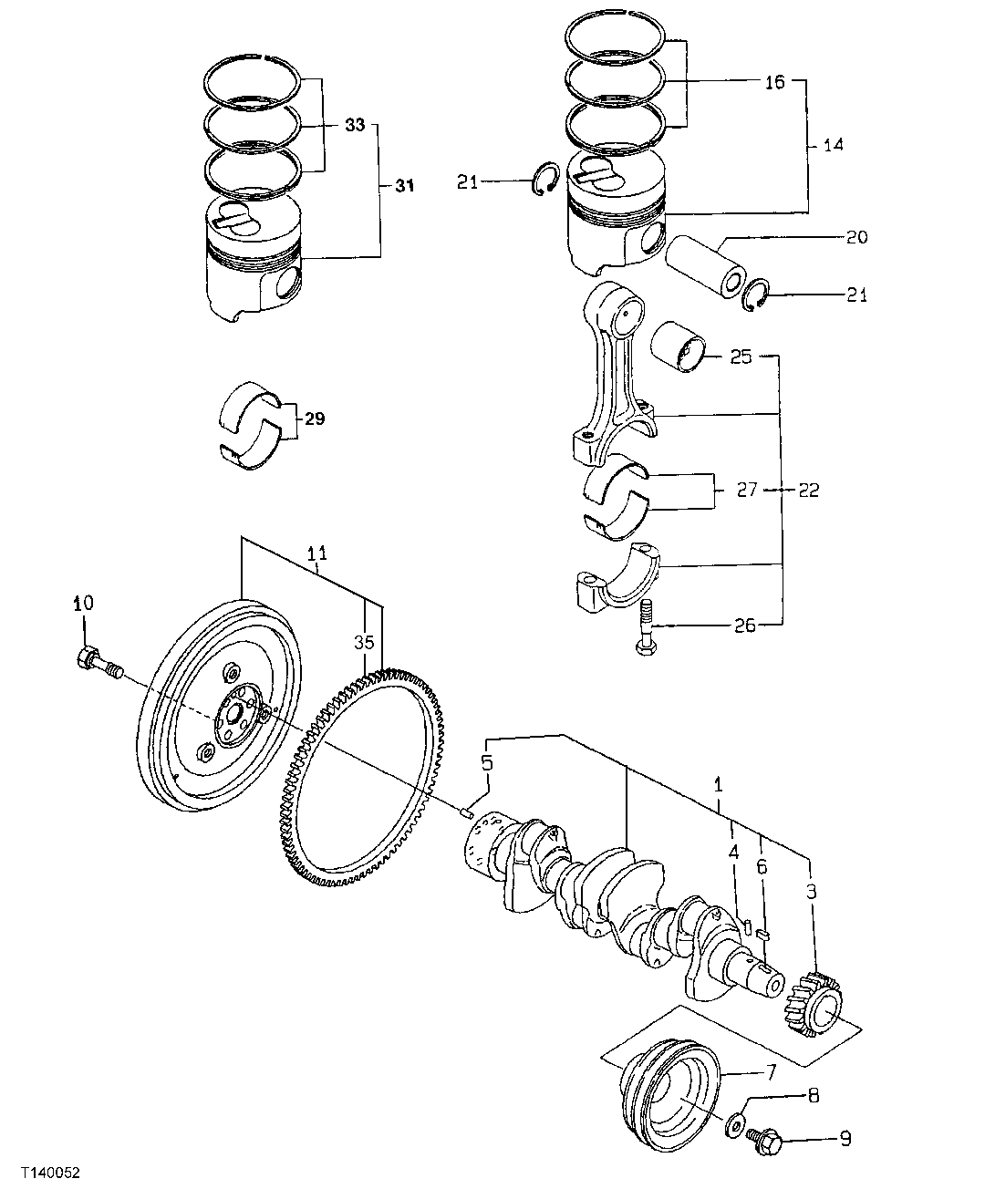 Схема запчастей John Deere 0 - 24 - Crankshaft, Flywheel and Piston 0401 Crankshaft And Main Bearing