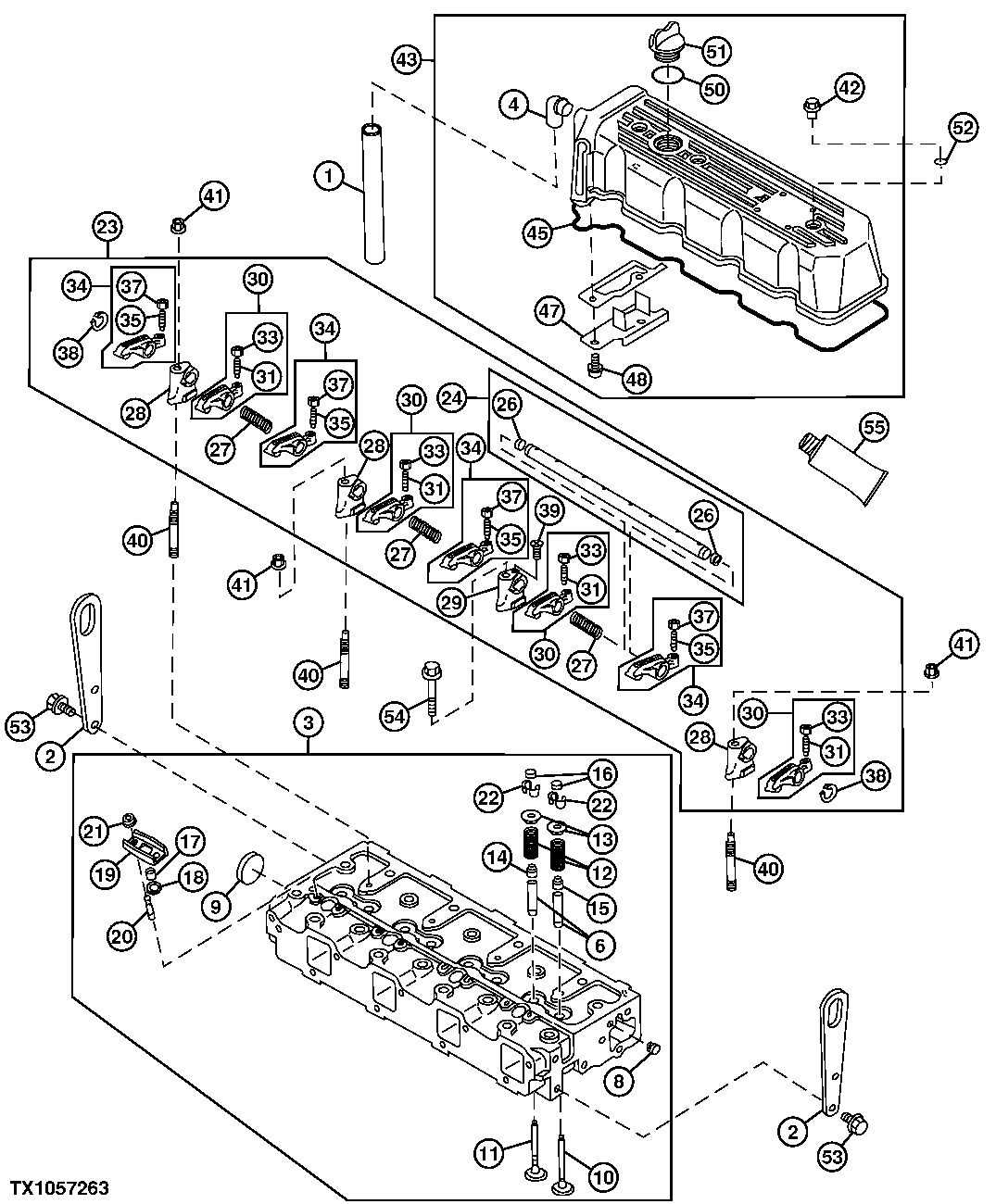 Схема запчастей John Deere 0 - 30 - CYLINDER HEAD, ROCKER ARM SHAFT, AND ROCKER ARM COVER 0409 Cylinder Head and Valves