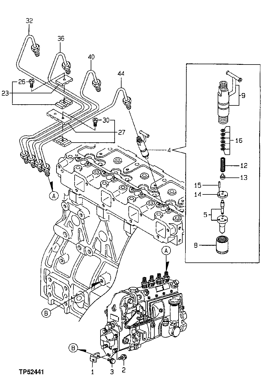 Схема запчастей John Deere 0 - 34 - Fuel Injection Nozzles and Lines 0413 Fuel Injection System