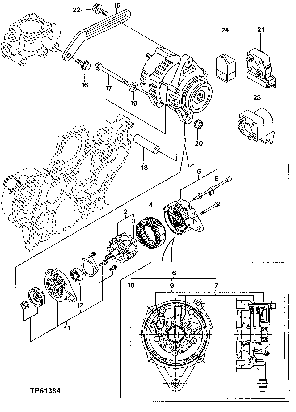 Схема запчастей John Deere 0 - 39 - Alternator and Brackets 0423 Alternator And Generator Mounting