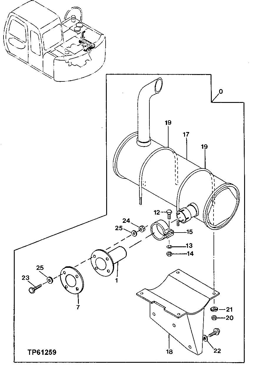 Схема запчастей John Deere 0 - 50 - Muffler, Exhaust Pipe and Mounting Bracket 0530 External Exhaust Systems