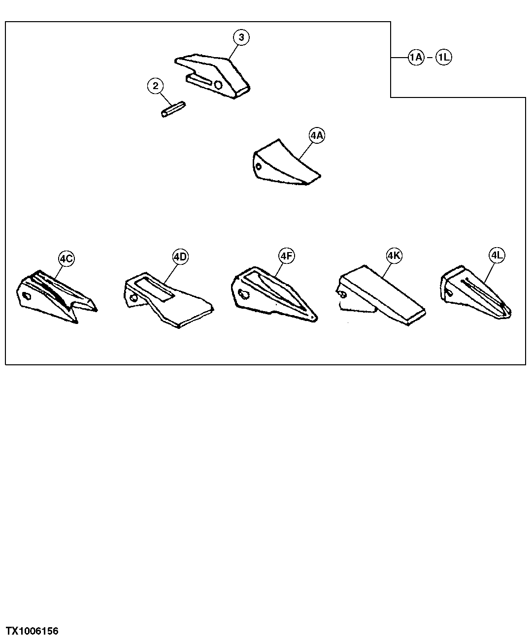 Схема запчастей John Deere 0 - 140 - Bucket Tooth Assembly 3302 Bucket With Teeth