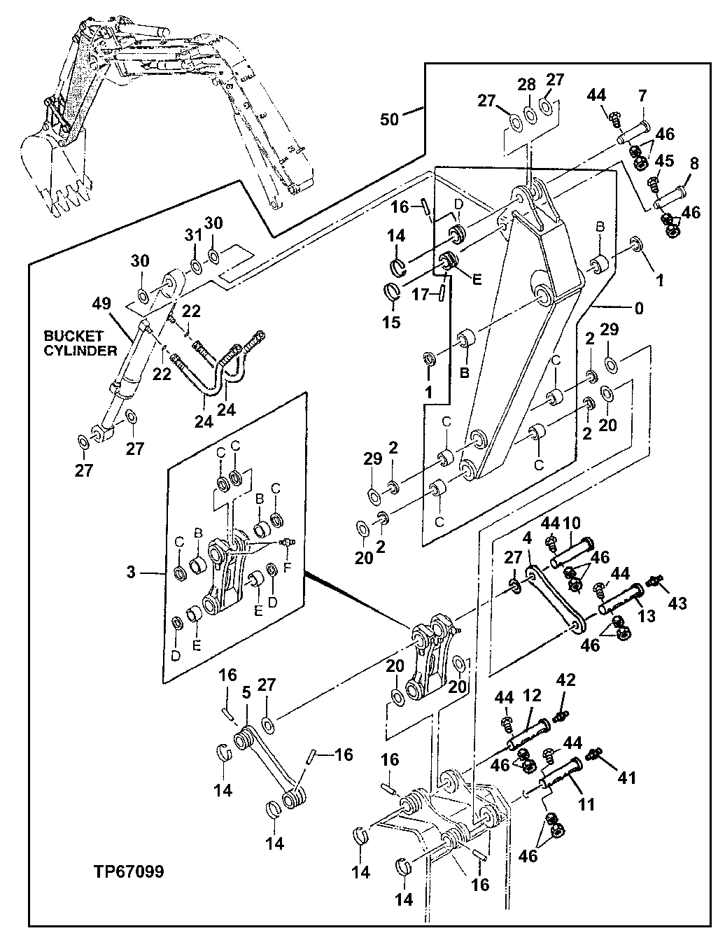 Схема запчастей John Deere 0 - 155 - OFFSET ARM, PINS, BUCKET LINKAGE, AND BUCKET CYLINDER HOSES 3340 Backhoe & Excavator Frames