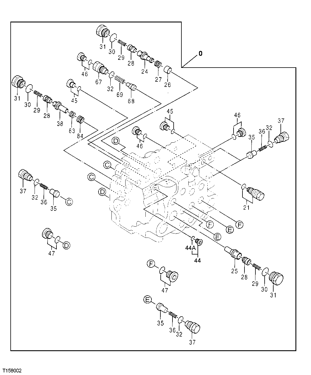 Схема запчастей John Deere 0 - 169 - CONTROL VALVE COMPONENTS (SIDE PLUGS AND FITTINGS) 3360 Hydraulic System