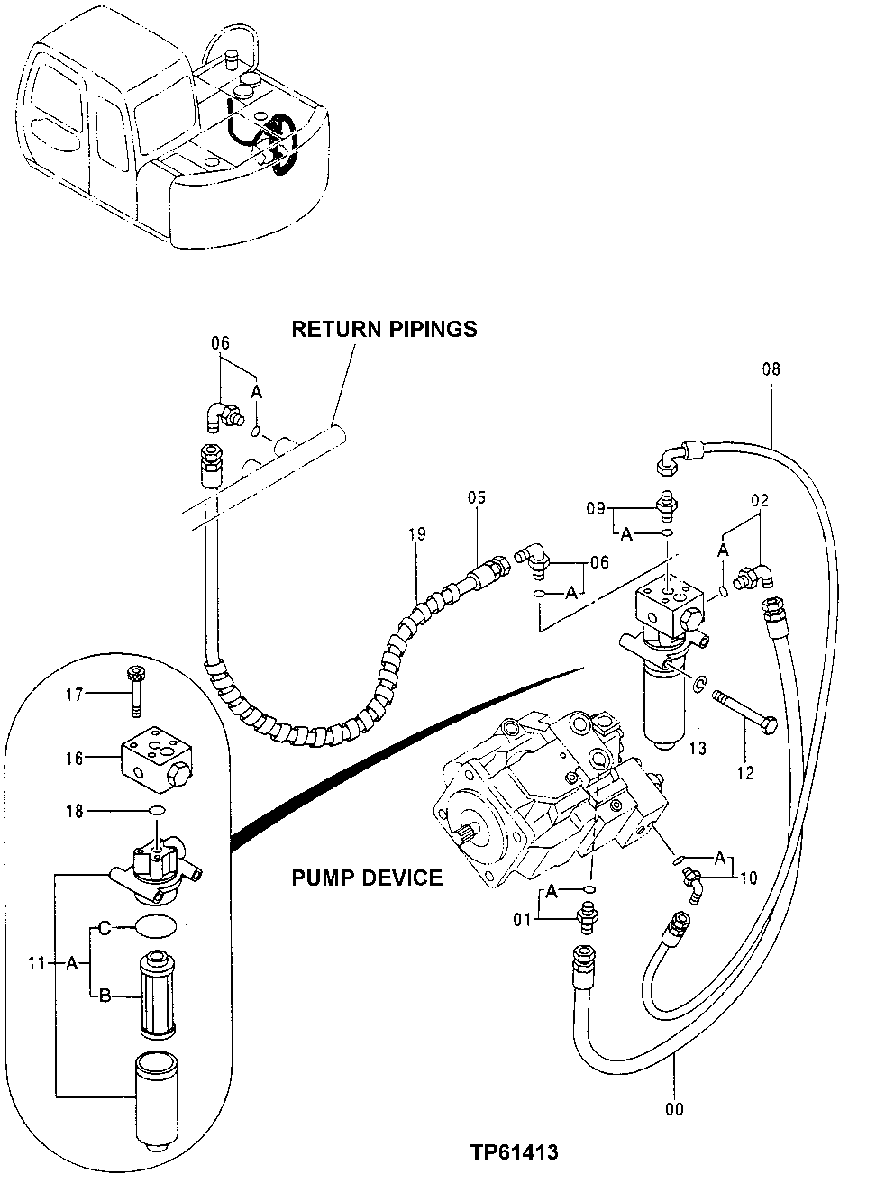 Схема запчастей John Deere 0 - 173 - Pilot Hoses and Filter At Pump 3360 Hydraulic System