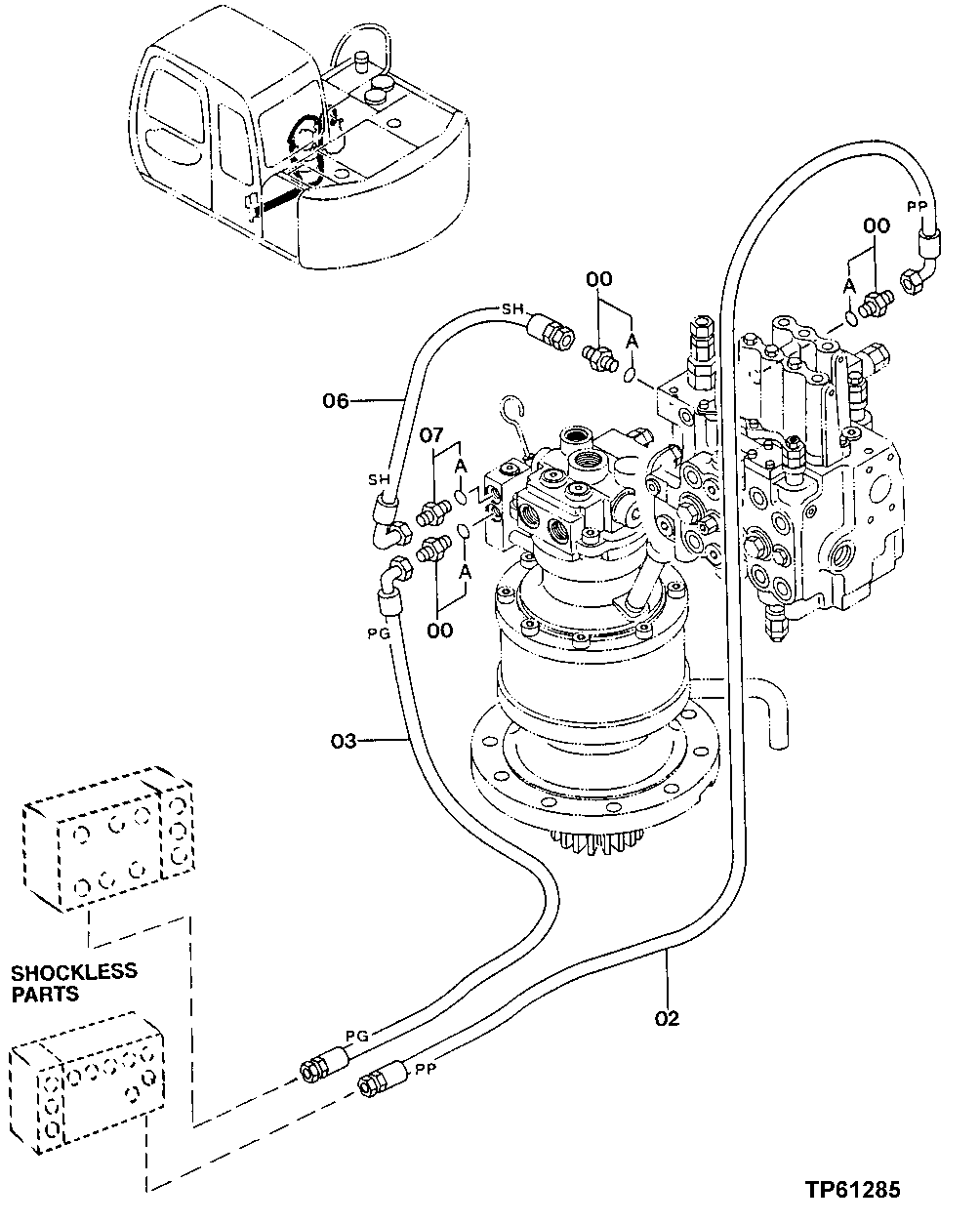 Схема запчастей John Deere 0 - 175 - PILOT HOSES (CONTROL VALVE TO FLOW REGULATOR AND SWING MOTOR, SWING MOTOR TO REGULATING VALVE) 3360 Hydraulic System