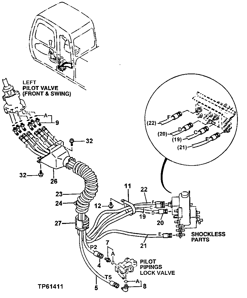 Схема запчастей John Deere 0 - 177 - PILOT HOSES (LEFT PILOT CONTROLLER TO FLOW REGULATOR, SHUT-OFF VALVE) 3360 Hydraulic System