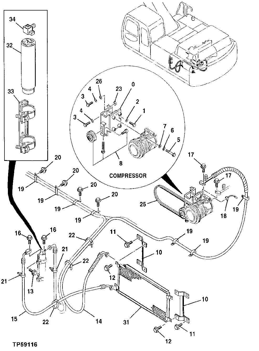 Схема запчастей John Deere 30LCR - 156 - AIR CONDITIONER SYSTEM 1830 Heating & Air Conditioning