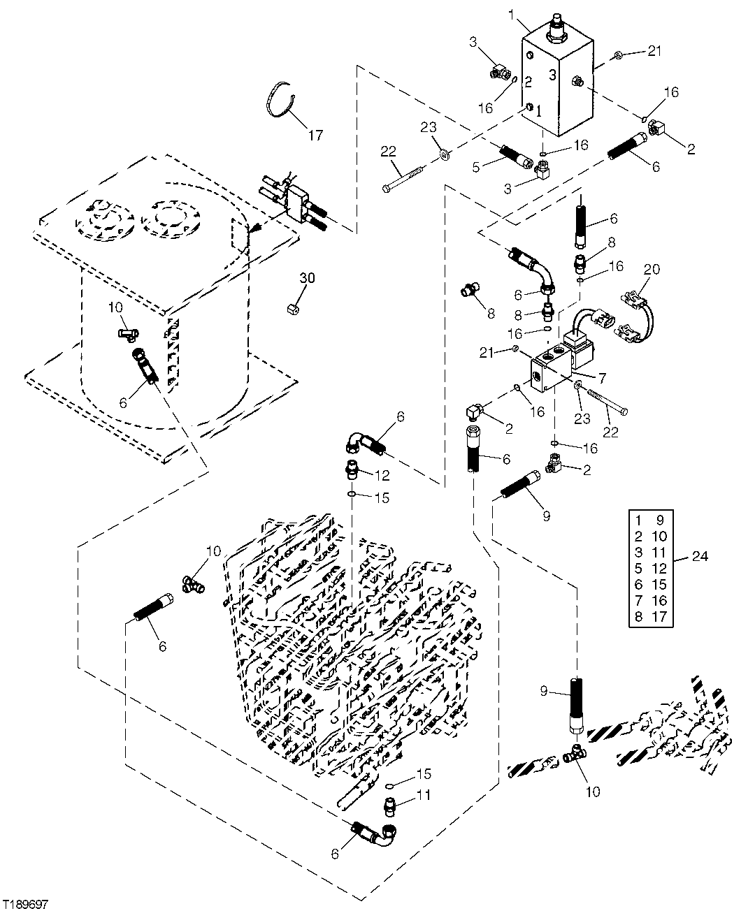 Схема запчастей John Deere 30LCR - 272 - SOLENOID CONTROL AND FLOW CONTROL VALVE KIT (1-WAY) 3360 Hydraulic System