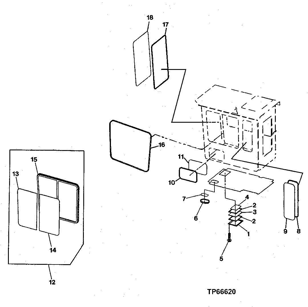 Схема запчастей John Deere 200LC, 330LC, 370 - 53 - Rear Entry Cab Windows (Glass Windows) 1810 Operator Enclosure