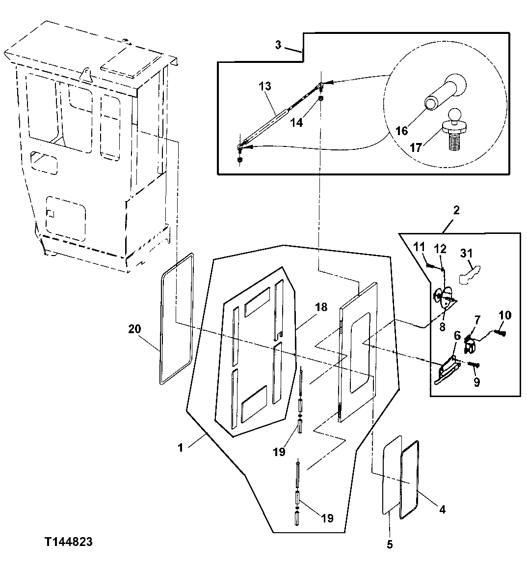 Схема запчастей John Deere 200LC, 330LC, 370 - 54 - Rear Entry Cab Door (Glass Windows) 1810 Operator Enclosure