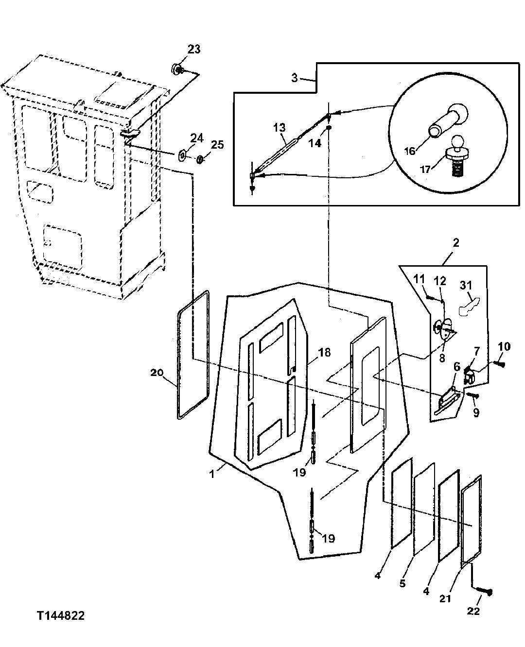 Схема запчастей John Deere 200LC, 330LC, 370 - 58 - Rear Entry Cab Door (Lexan Window) 1810 Operator Enclosure