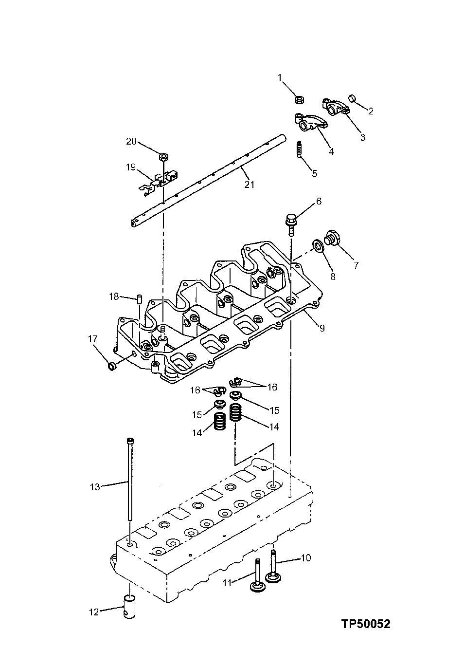 Схема запчастей John Deere 0ZTS - 19 - Rocker Arm Shaft, Push Rods and Rocker Arms 0402 Camshaft And Valve Actuating Means