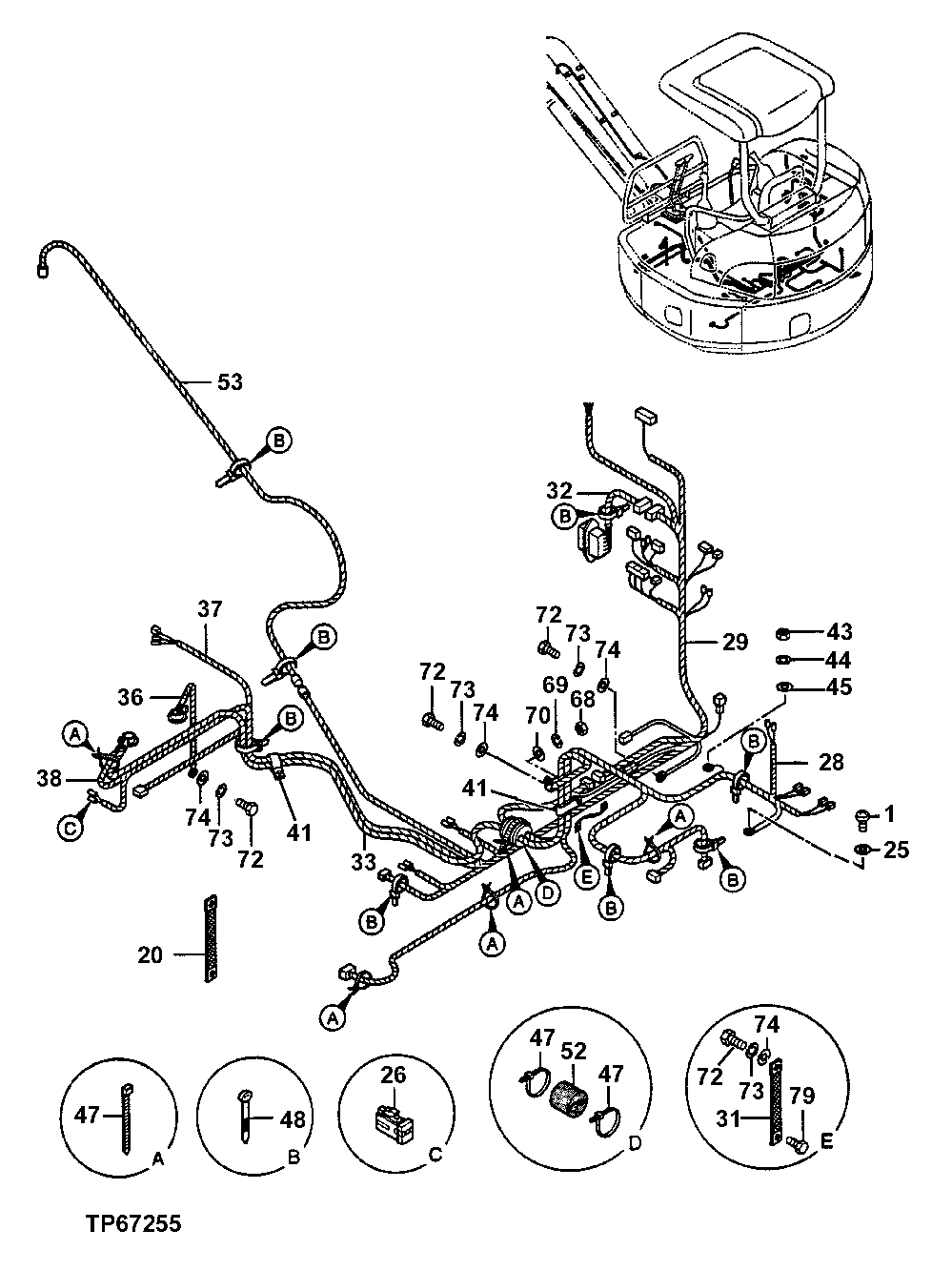 Схема запчастей John Deere 0ZTS - 70 - Wiring Harness 1674 Wiring Harness And Switches