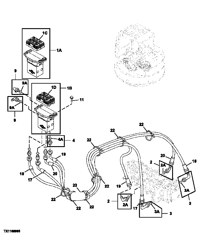 Схема запчастей John Deere 0ZTS - 105 - Pilot Valve to Control Valve Hoses 2160 Vehicle Hydraulics