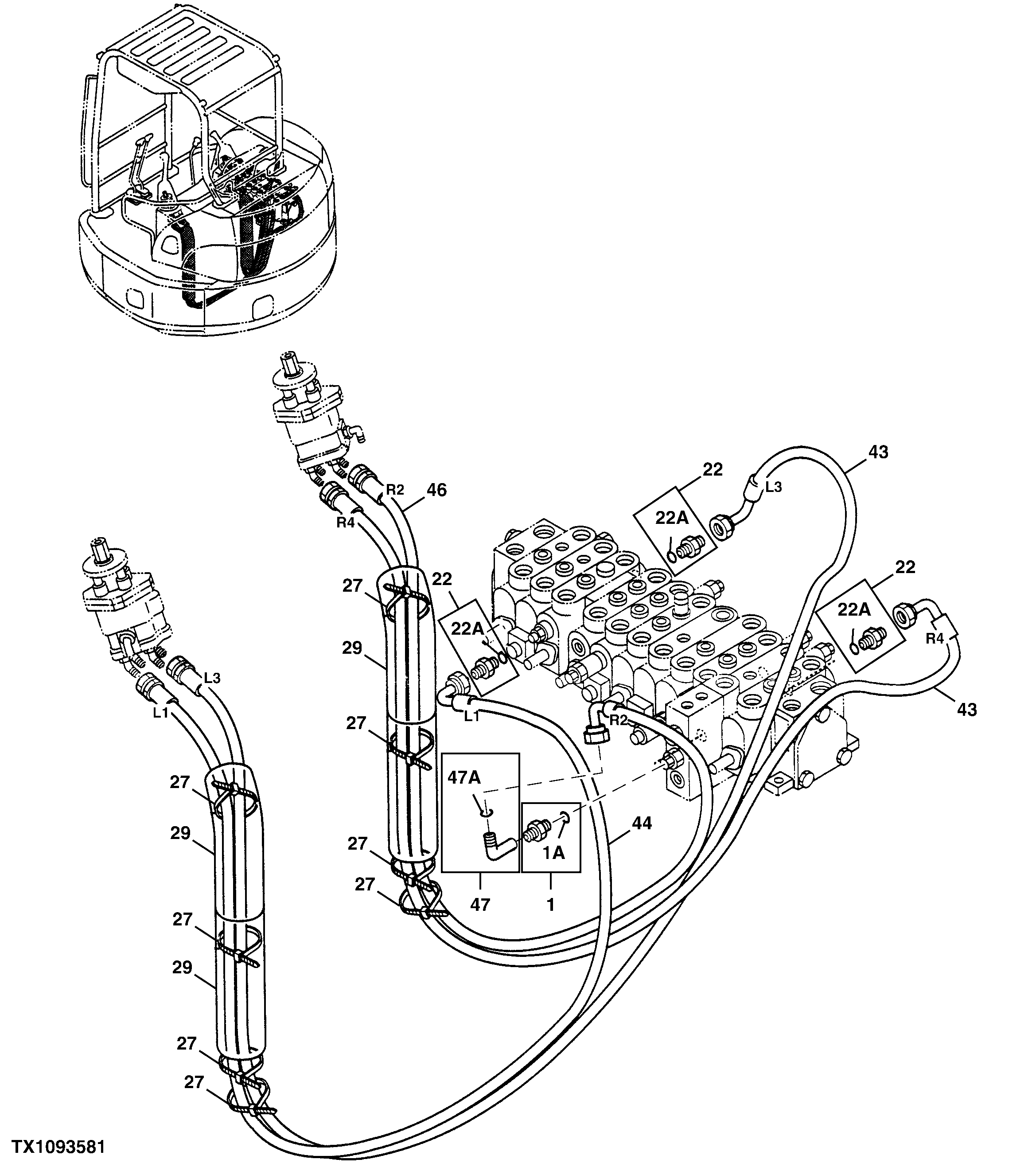 Схема запчастей John Deere 0ZTS - 198 - TWO WAY MULTI-LEVER VALVE PIPING 3360 HYDRAULIC SYSTEM