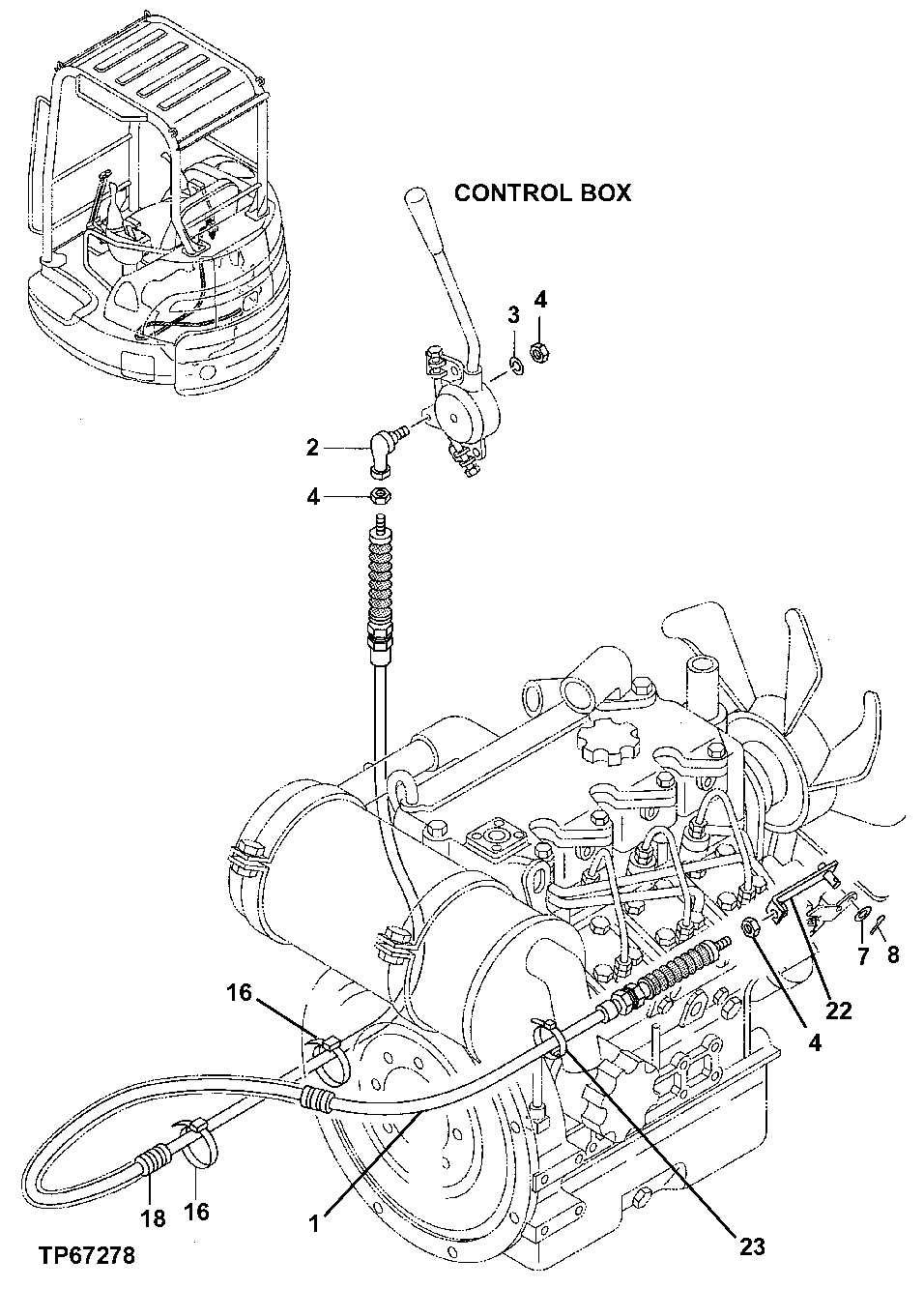 Схема запчастей John Deere 7ZTS - 47 - ENGINE CONTROL CABLE 0515 Engine Speed Controls