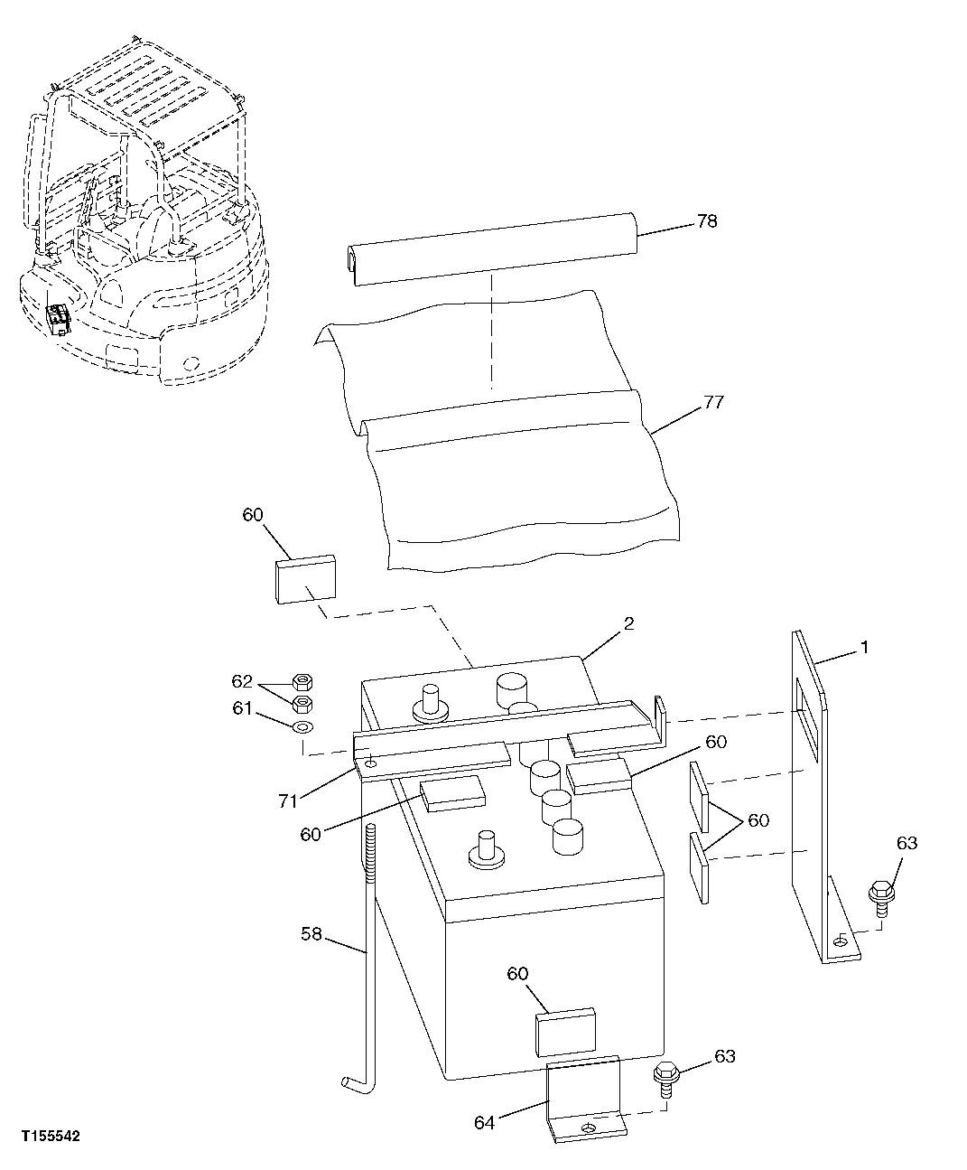 Схема запчастей John Deere 7ZTS - 58 - BATTERY BRACKET AND HARDWARE 1674 Wiring Harness And Switches