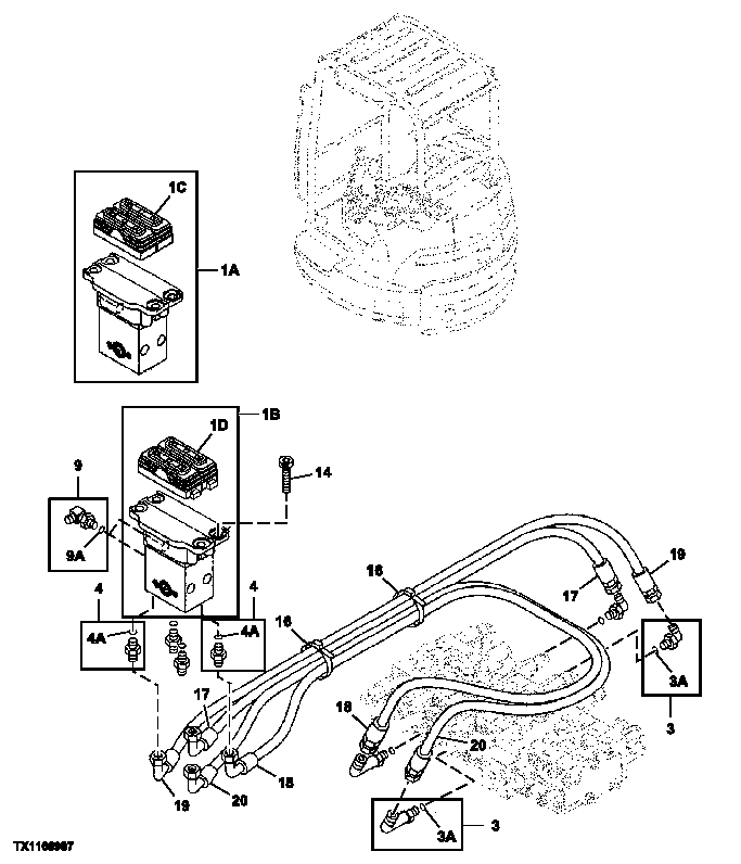 Схема запчастей John Deere 5ZTS - 98 - Pilot Valve to Control Valve Hoses 2160 VEHICLE HYDRAULICS