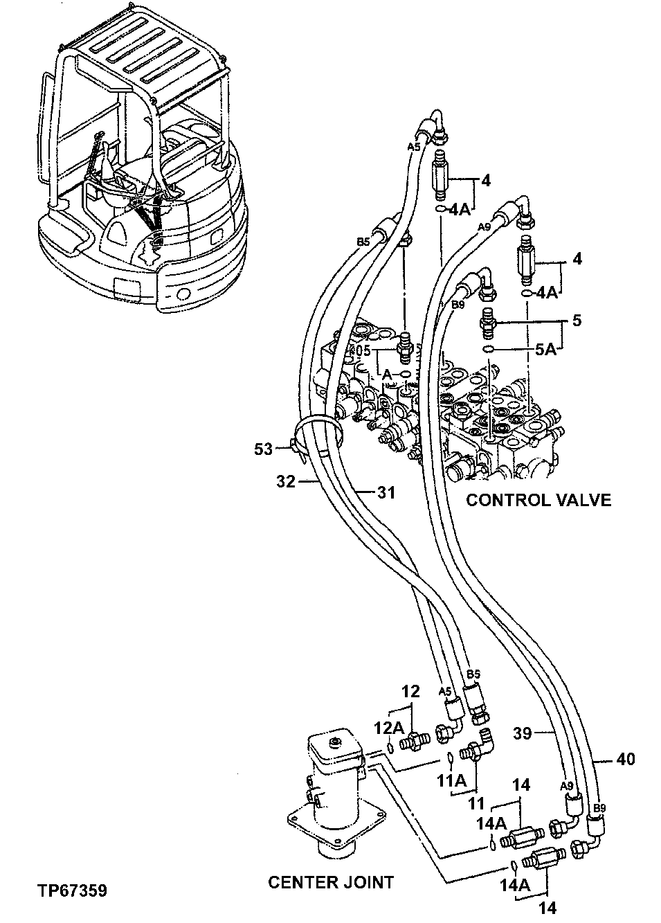 Схема запчастей John Deere 5ZTS - 159 - MAIN PIPINGS 3360 HYDRAULIC SYSTEM