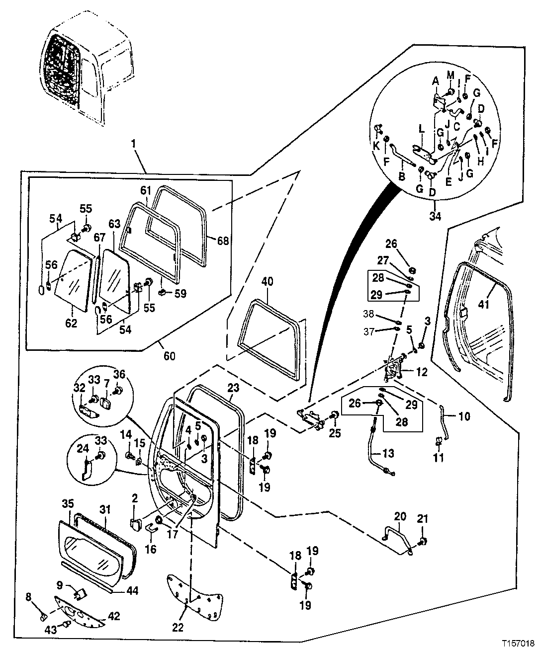 Схема запчастей John Deere 50LC - 65 - Cab Components (Windows and Door) 1810 Operator Enclosure