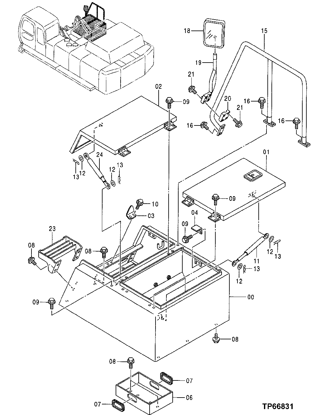 Схема запчастей John Deere 50 - 98 - TOOL BOX, BATTERY COVER AND RIGHT REARVIEW MIRROR 1910 Hood Or Engine Enclosure