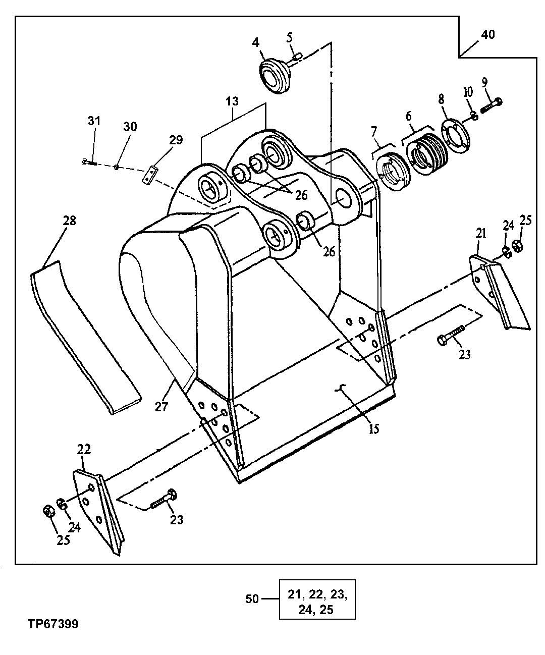 Схема запчастей John Deere 50 - 114 - Heavy Duty Bucket (Also Order Bucket Tooth Assemblies) 3302 BUCKETS, TEETH, SHANKS AND SIDECUTTERS